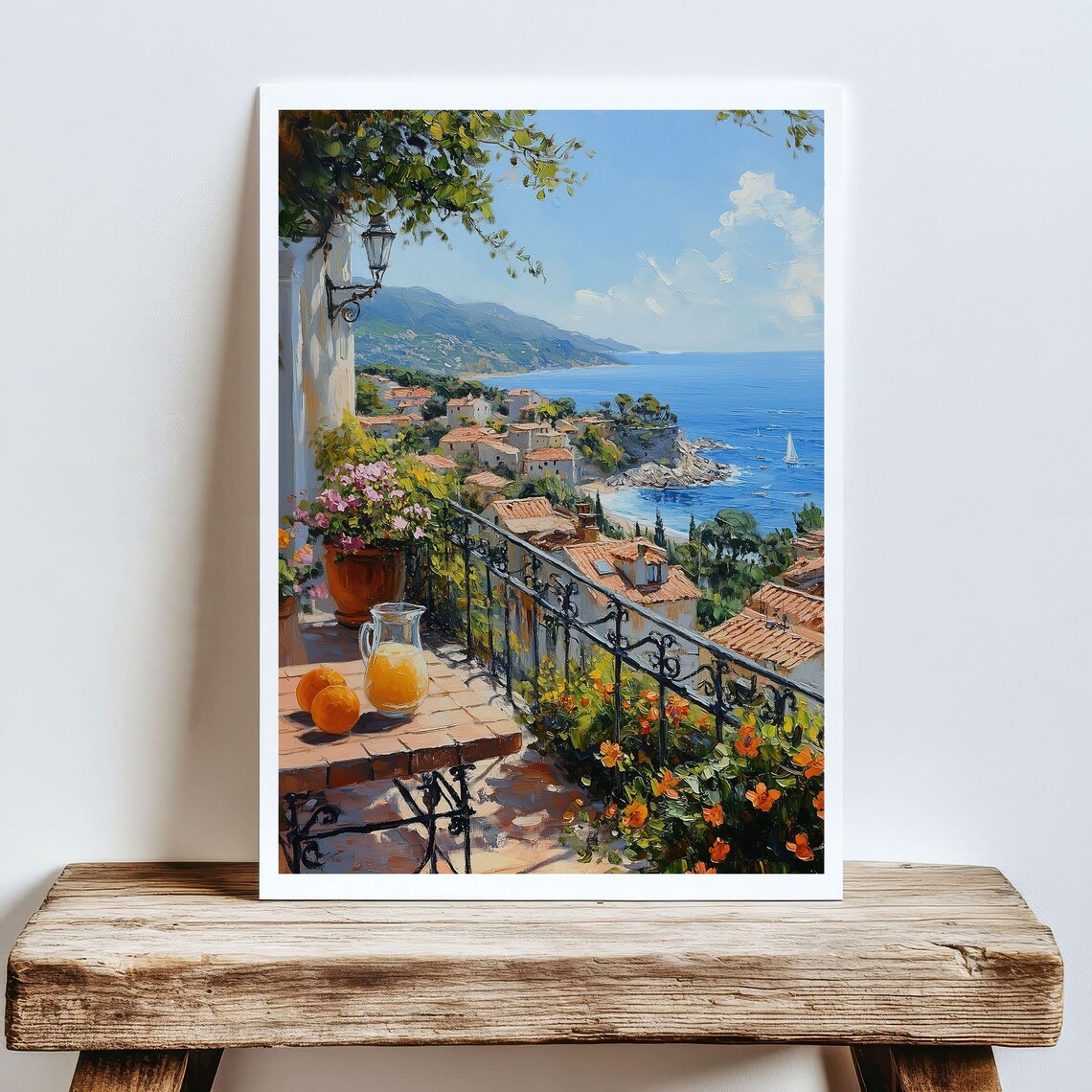 Mediterranean Terrace Sea View Coastal Town Balcony Orange Juice Table Poster - Image 5