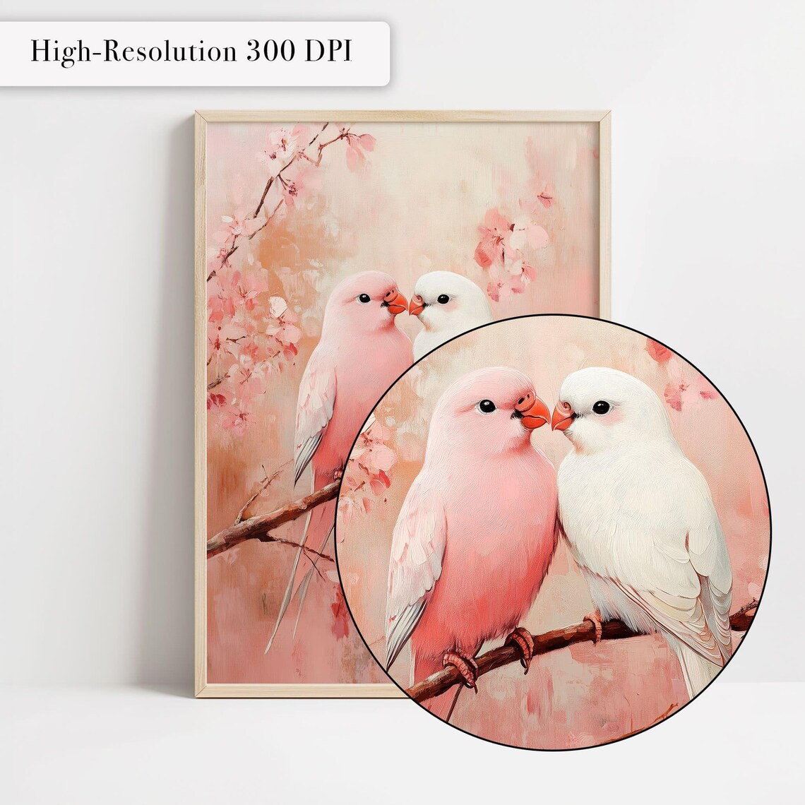 Pink Love Birds On Branch Art Print, Valentine Decor - Image 4