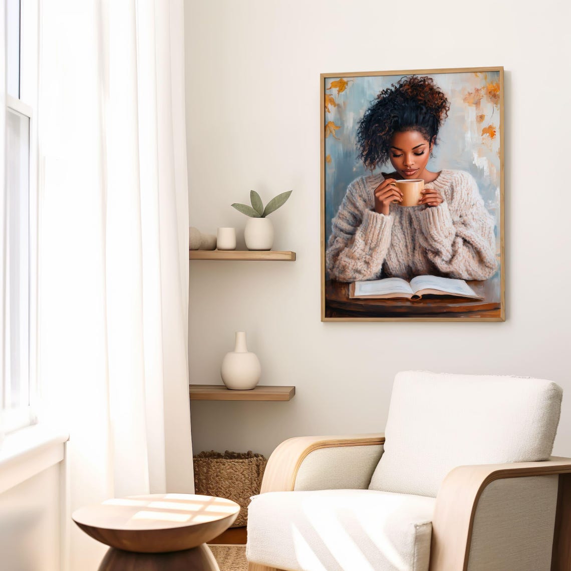 Black Woman In Knit Sweater With Coffee Autumn Reading Poster - Image 3