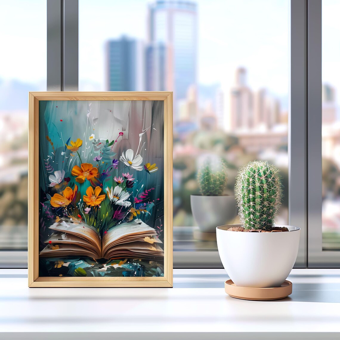 Wildflowers Blooming From Open Book Teal Floral Decor Art Poster - Image 5