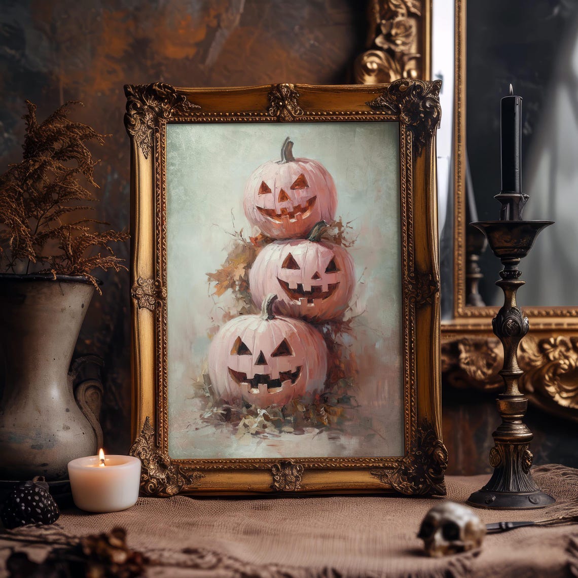 Pink Pastel Jack O Lanterns Stacked Pumpkins Halloween Poster - Image 5