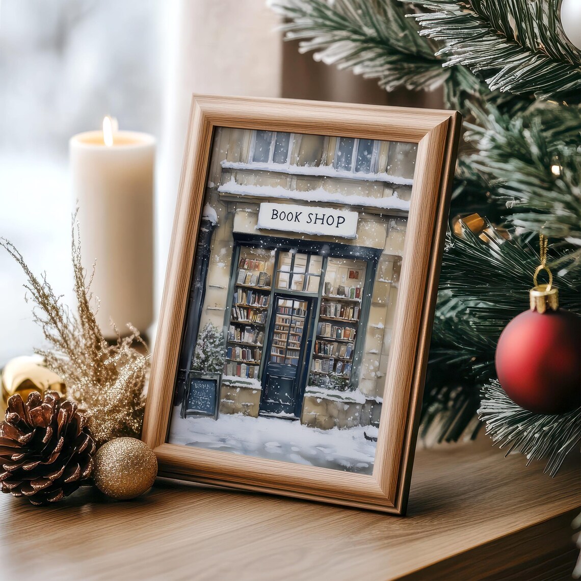 Winter Bookshop Christmas Wall Art, Cozy Print - Image 3