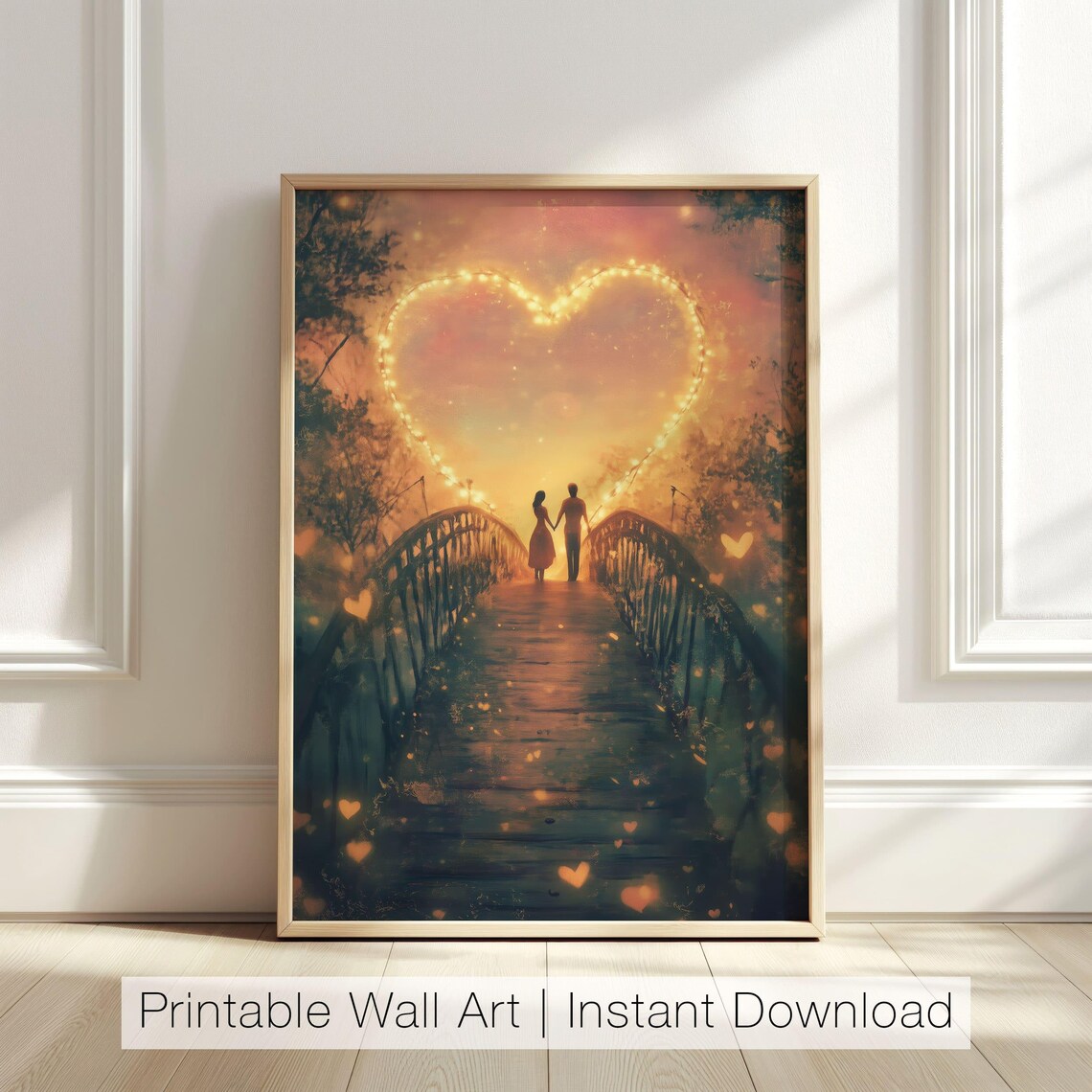 Romantic Couple On Bridge Beneath Heart Shaped Lights Art Poster
