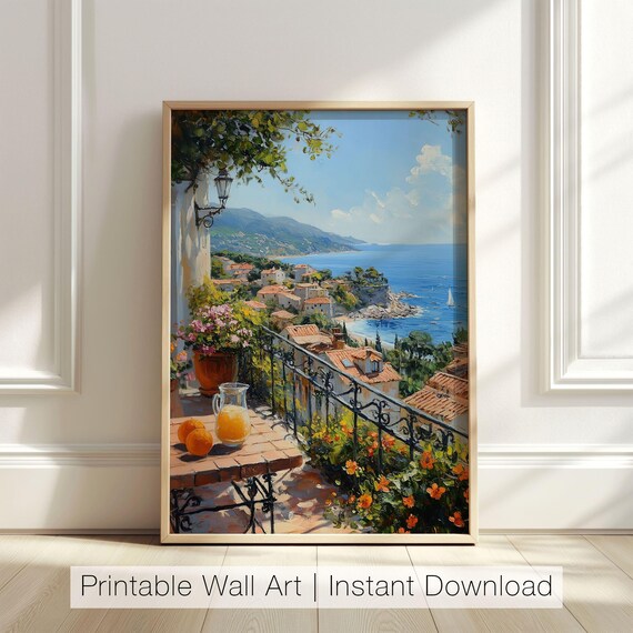 Mediterranean Terrace Sea View Coastal Town Balcony Orange Juice Table Poster