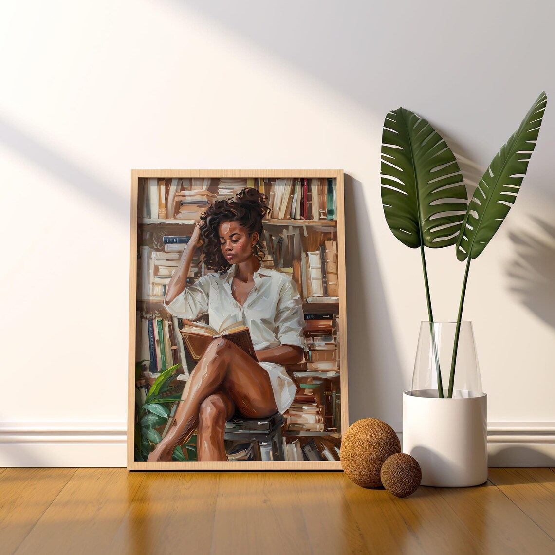 Black Woman Lost In Book Among Vintage Library Shelves Poster - Image 4