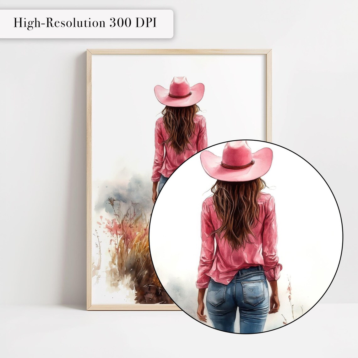 Cowgirl In Pink Cowboy Hat Walking Wildflowers Watercolor Poster - Image 4