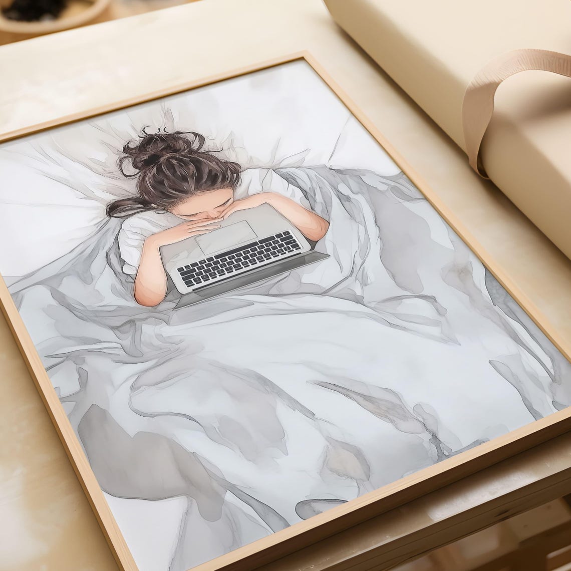 Cozy Woman With Laptop Art Minimalist Print For Home Office Relaxing Wall Art For Bedroom Decor Modern Workspace Printable - Image 6