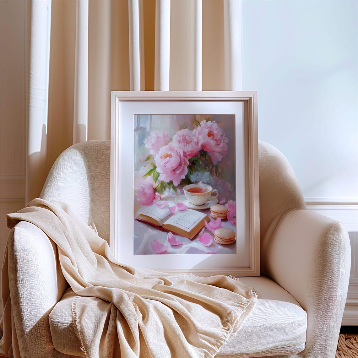 Pink Peonies with Open Book Tea and Macarons Floral Bookish Art Poster - Image 2