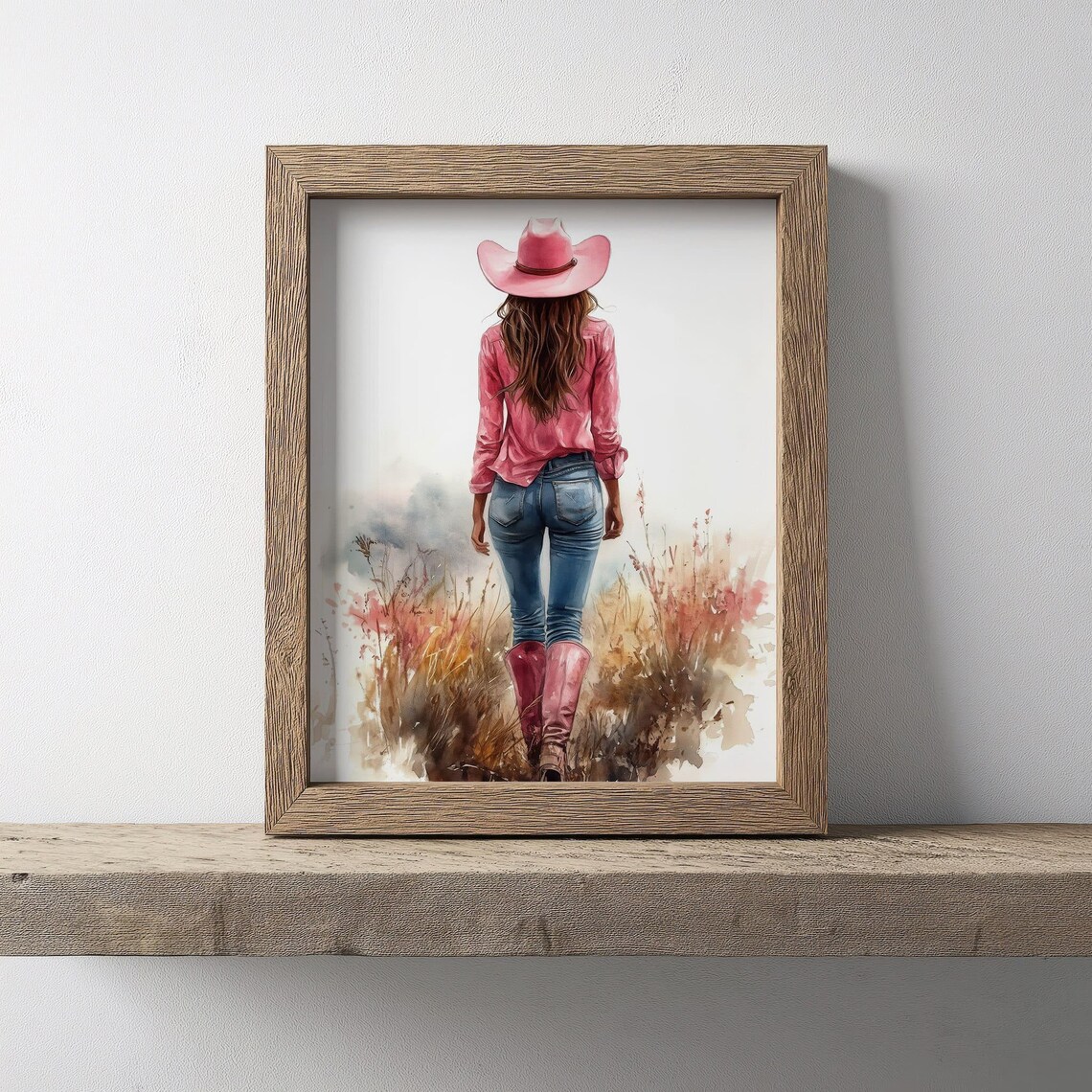 Cowgirl In Pink Cowboy Hat Walking Wildflowers Watercolor Poster - Image 2