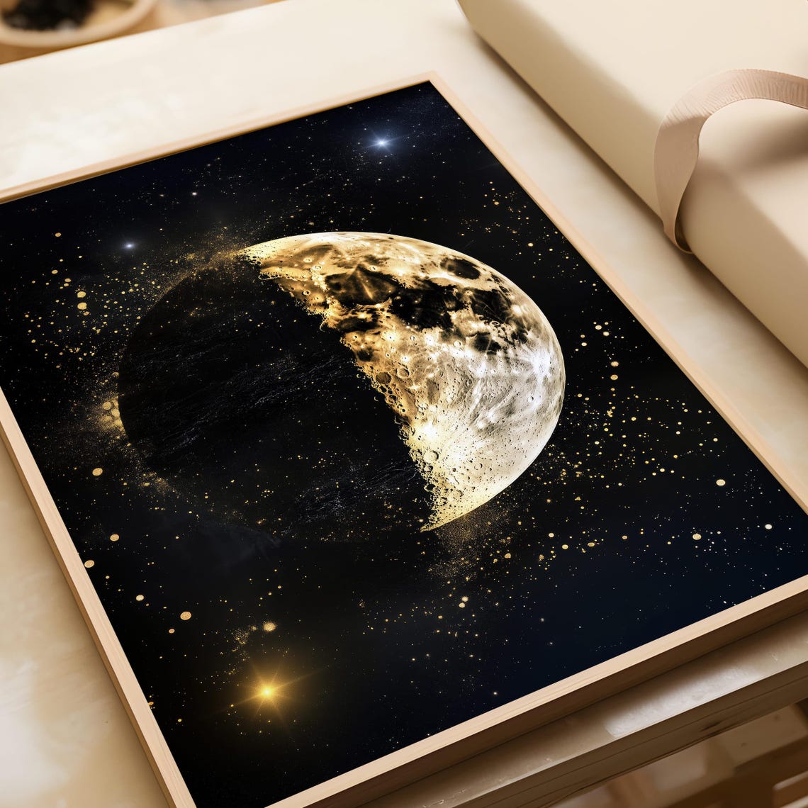 Golden Half Moon in Black Starry Sky with Celestial Gold Dust Poster - Image 5
