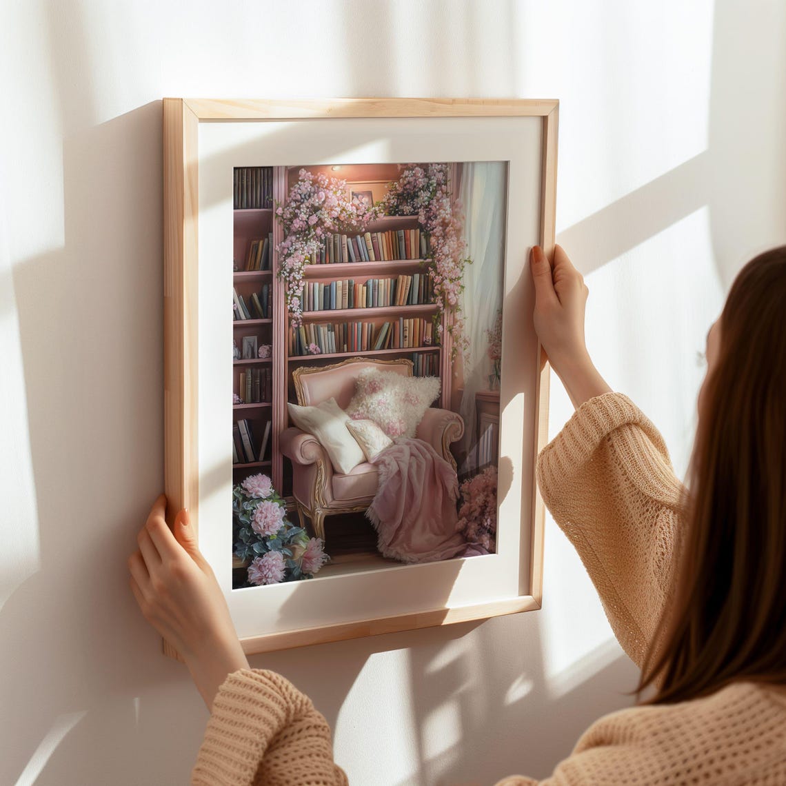Pink Blush Reading Nook Plush Armchair With Cherry Blossoms Poster - Image 8