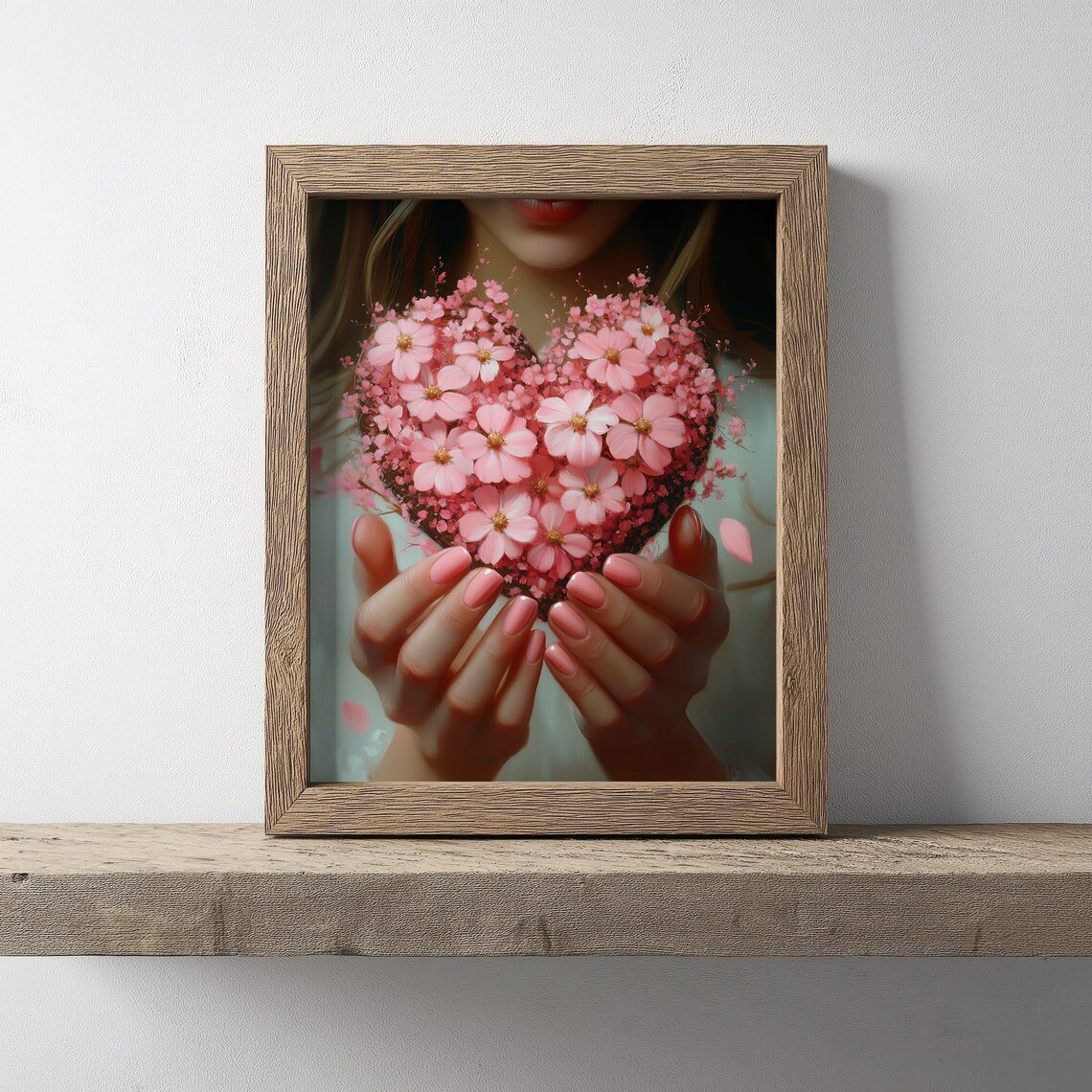 Woman Holding Heart Of Pink Flowers Romantic Floral Art Poster - Image 3