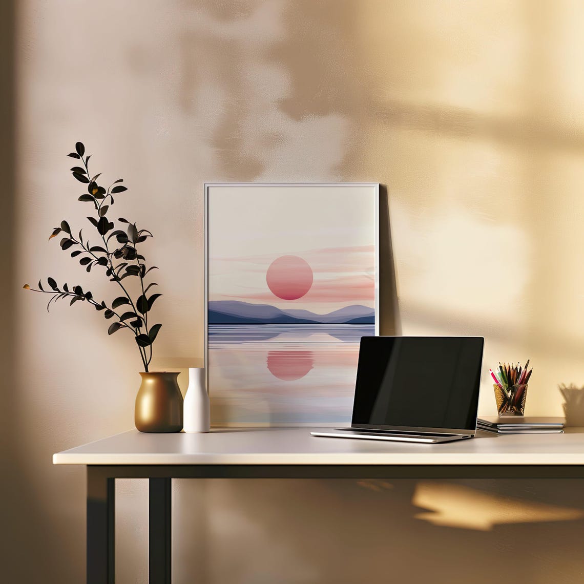 Pink Sunset Over Mountain Lake Modern Minimalist Landscape Poster - Image 3