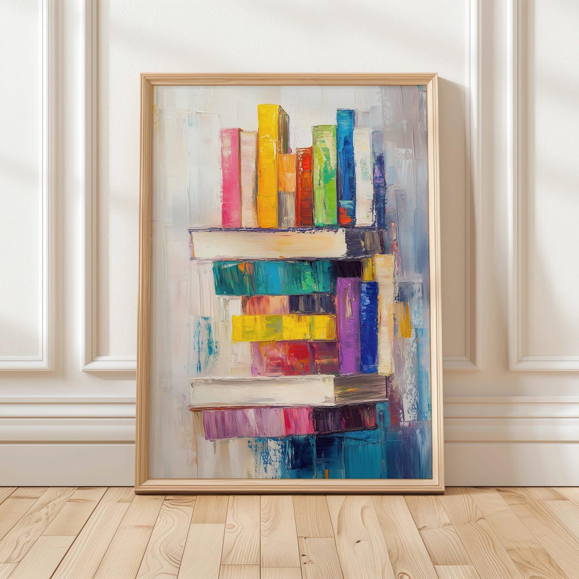 Rainbow Book Stack Abstract Oil Painting Bright Modern Art Poster