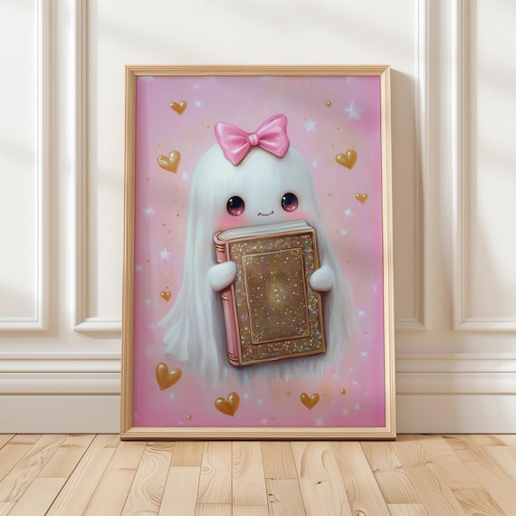 Cute Pink Ghost With Bow Holding Glitter Book Halloween Poster