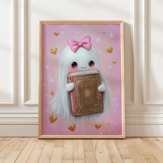 Ghost Book Art Print Pink Halloween Decor Cute Book Lover Art Whimsical Girly Wall Art