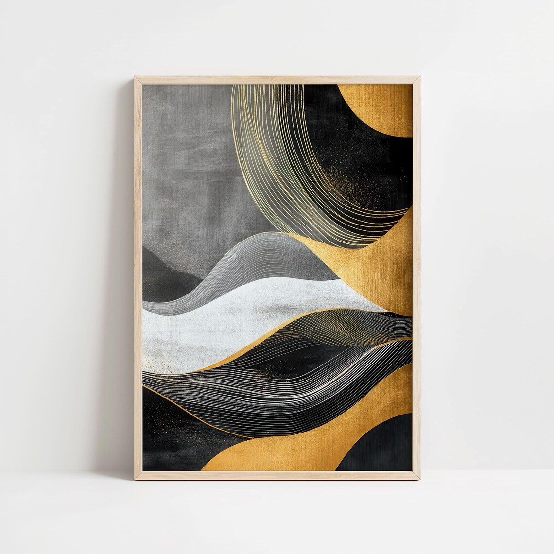 Set of Three Black and Gold Abstract Waves with Golden Sun Art Poster - Image 4