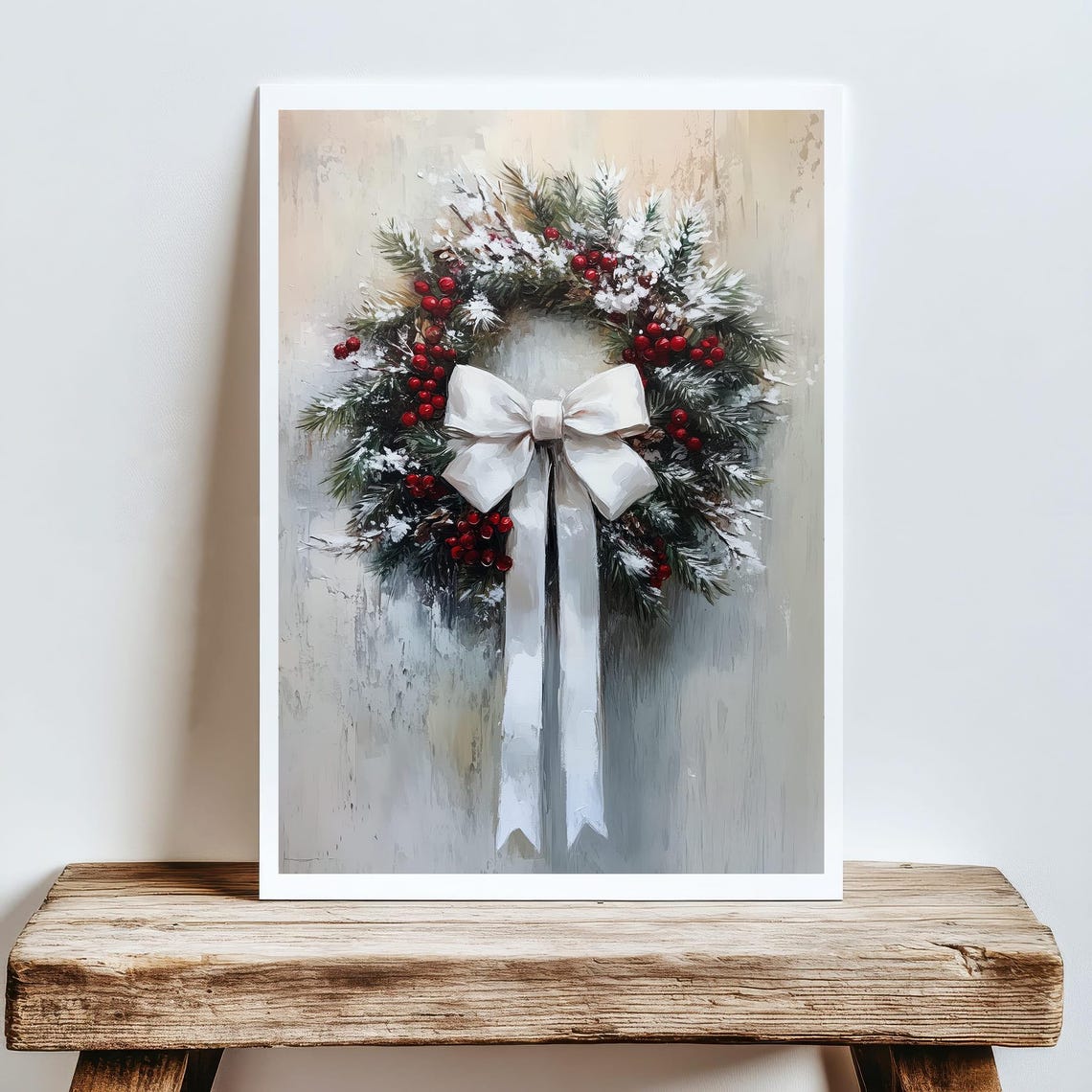 Vintage Christmas Wreath White Bow Rustic Holiday Art Poster - Image 5