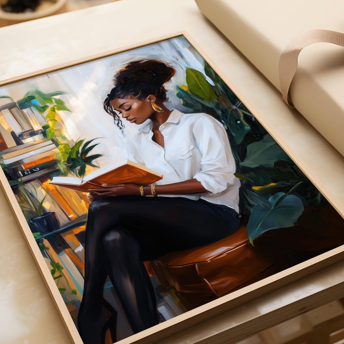 Black Woman With Top Knot Reading In Plant-Filled Library Poster - Image 7