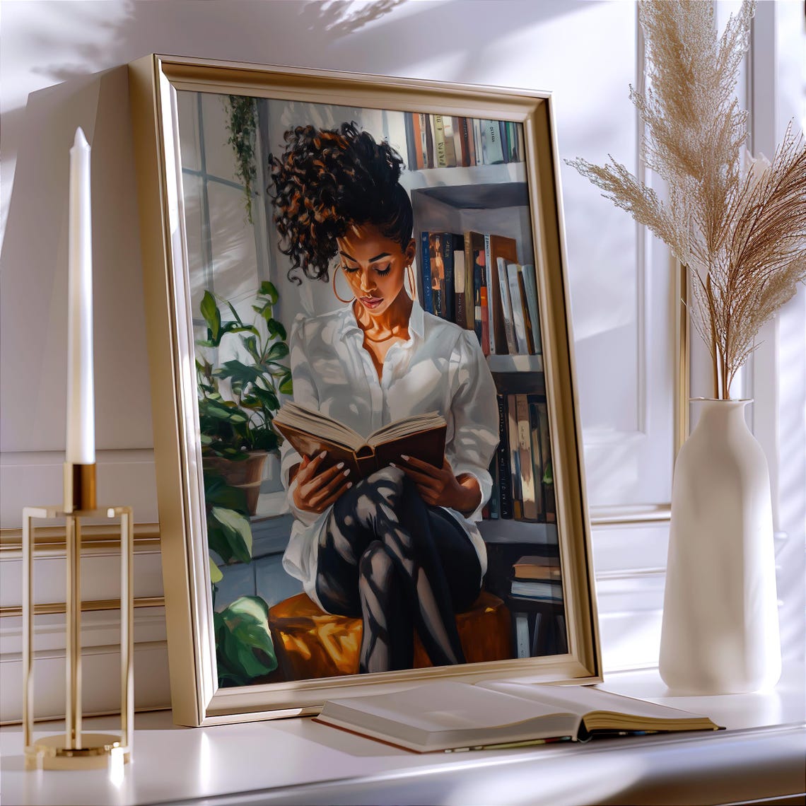 Black Woman With Curls Reading By Bright Window Bookshelf Poster - Image 7