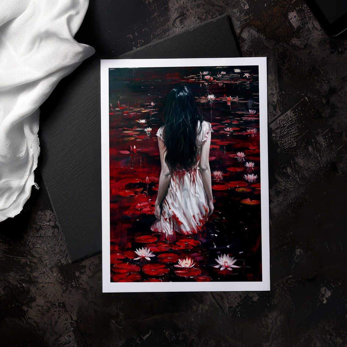 Haunting Woman in White Dress in Dark Red Water Lily Pond Gothic Poster - Image 6