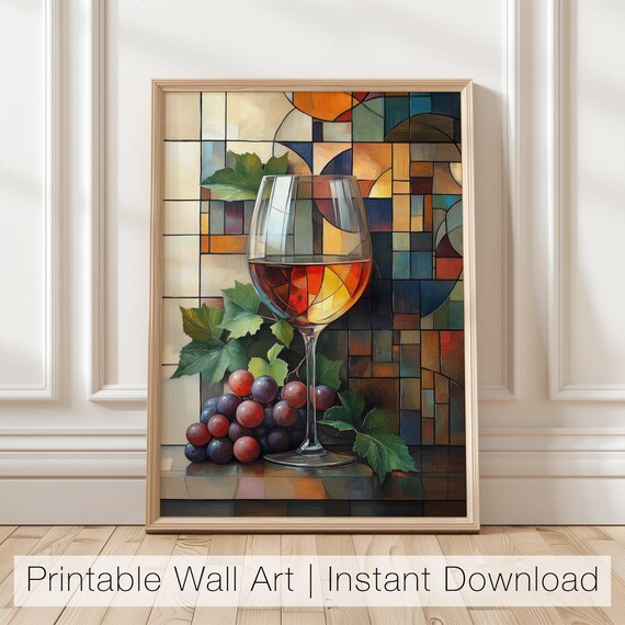 Stained Glass Style Wine Glass with Grapes Vibrant Mosaic Art Poster