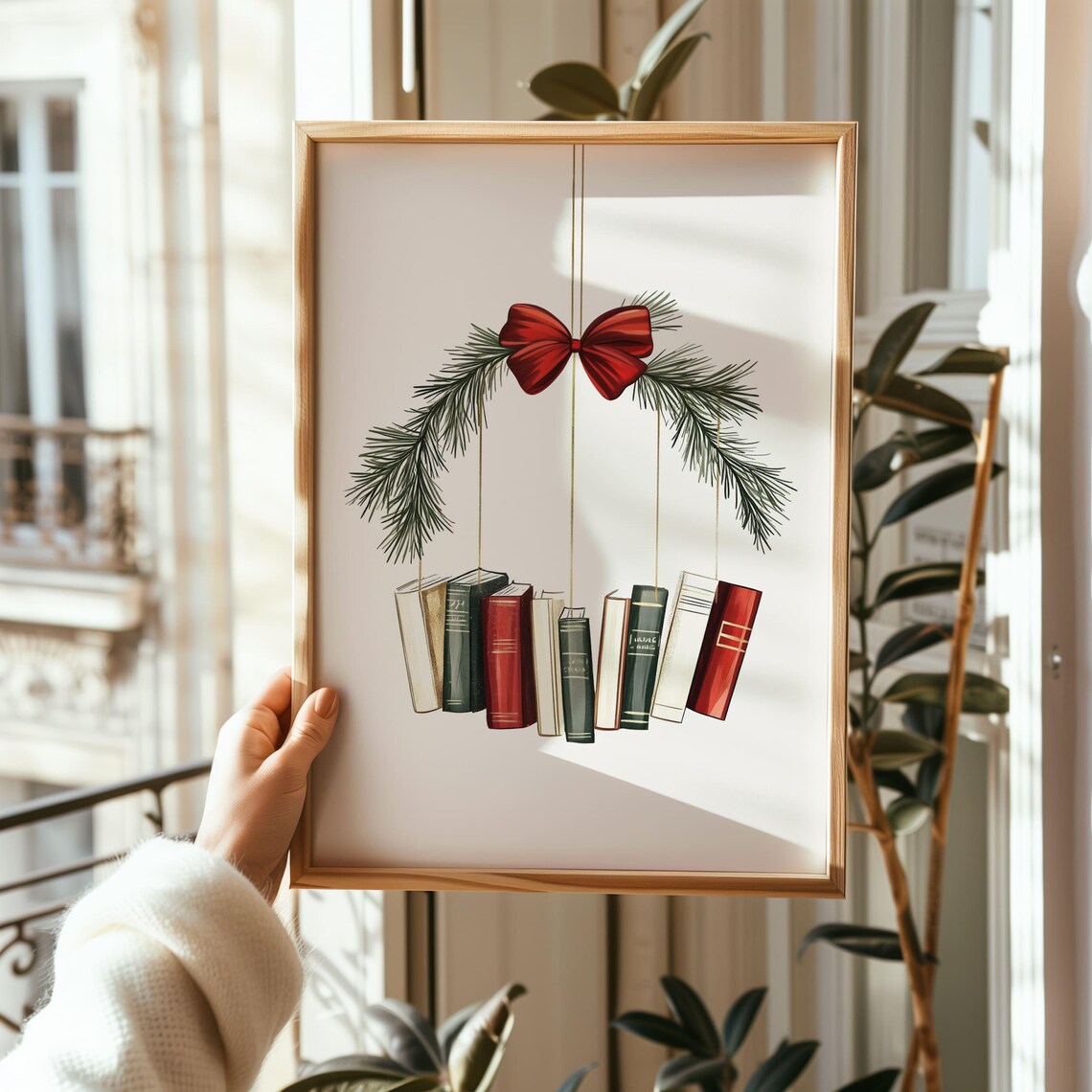 Christmas Book Wreath Hanging Books With Red Bow Holiday Decor Art Poster - Image 2