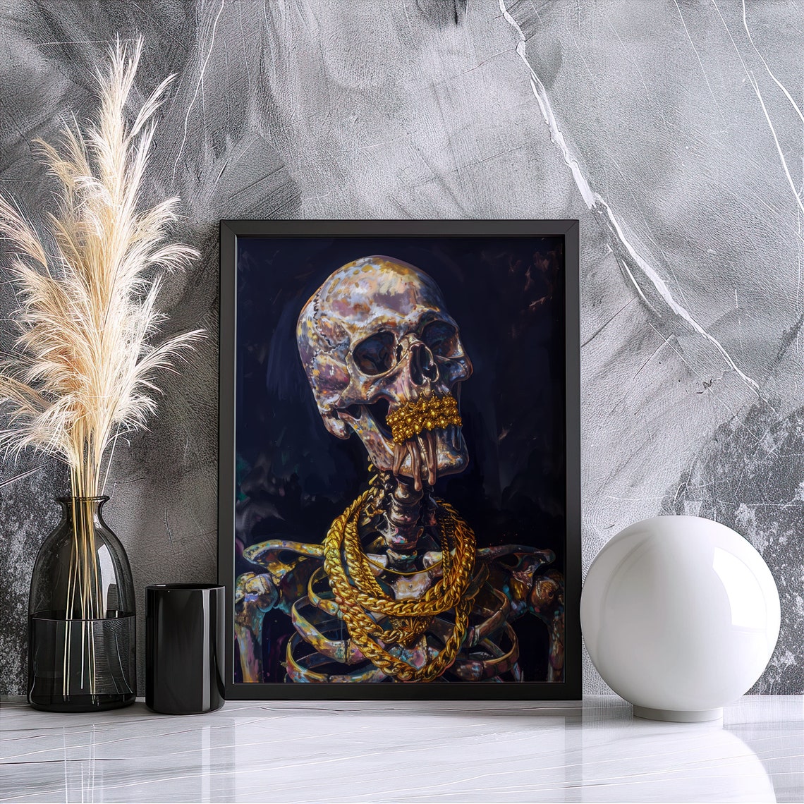 Colorful Painted Skeleton With Gold Chains Dark Fantasy Art Poster - Image 5
