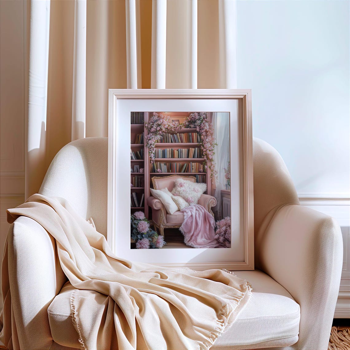 Pink Blush Reading Nook Plush Armchair With Cherry Blossoms Poster - Image 5