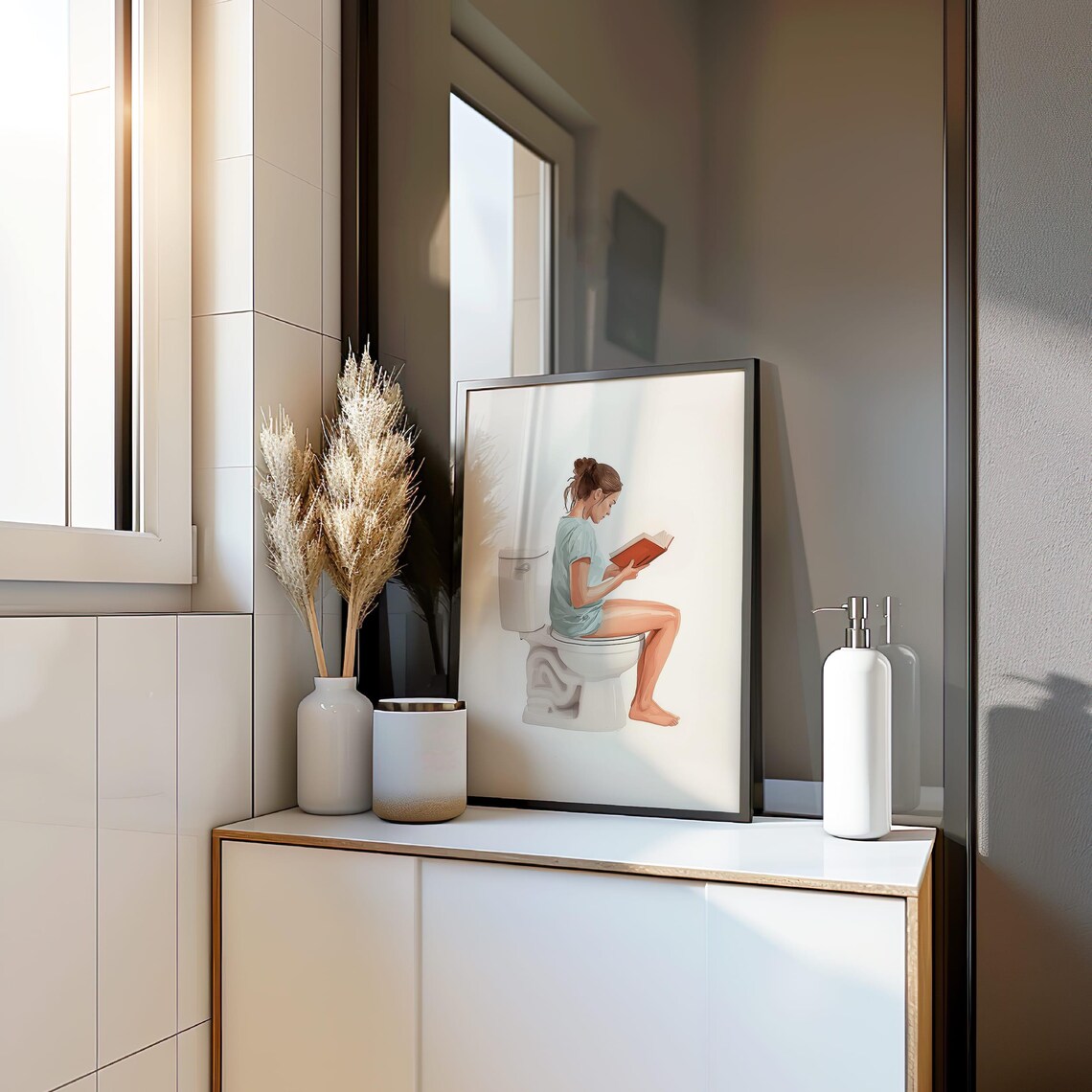 Woman Reading On Toilet Mint Shirt Funny Bathroom Humor Poster - Image 2