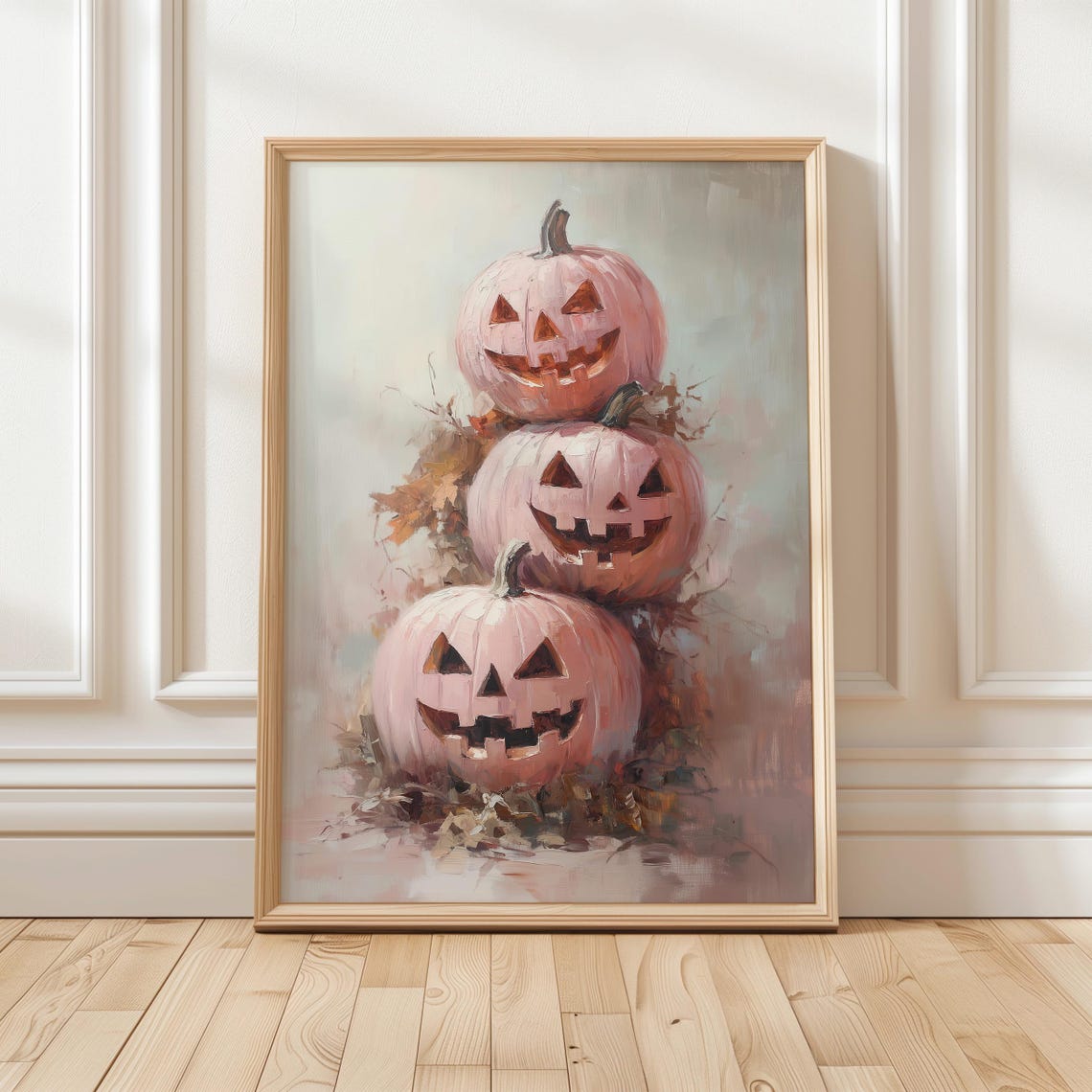 Pink Pastel Jack O Lanterns Stacked Pumpkins Halloween Poster