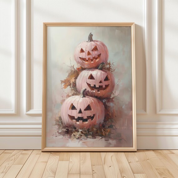 Pink Pastel Jack O Lanterns Stacked Pumpkins Halloween Poster