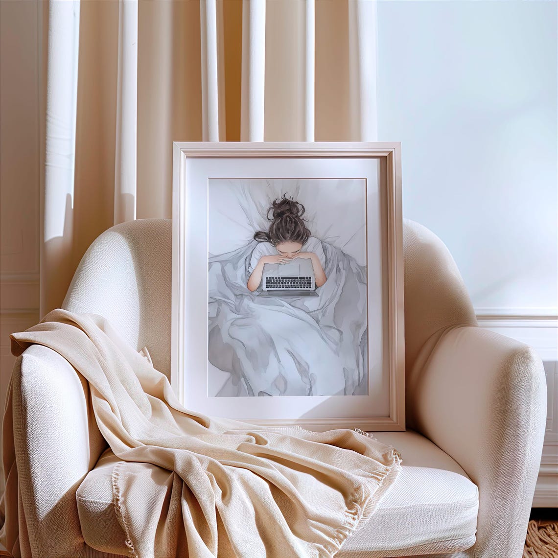 Cozy Woman in Bed With Laptop Minimalist Home Office Bedroom Poster - Image 2