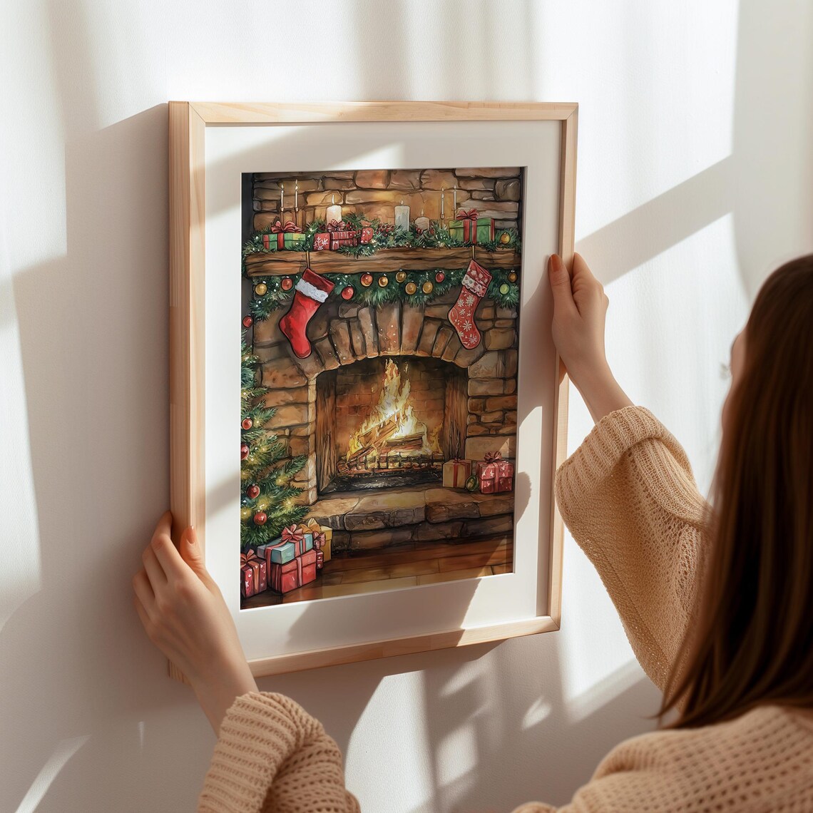 Cozy Christmas Fireplace Stockings Watercolor Holiday Wall Poster - Image 5