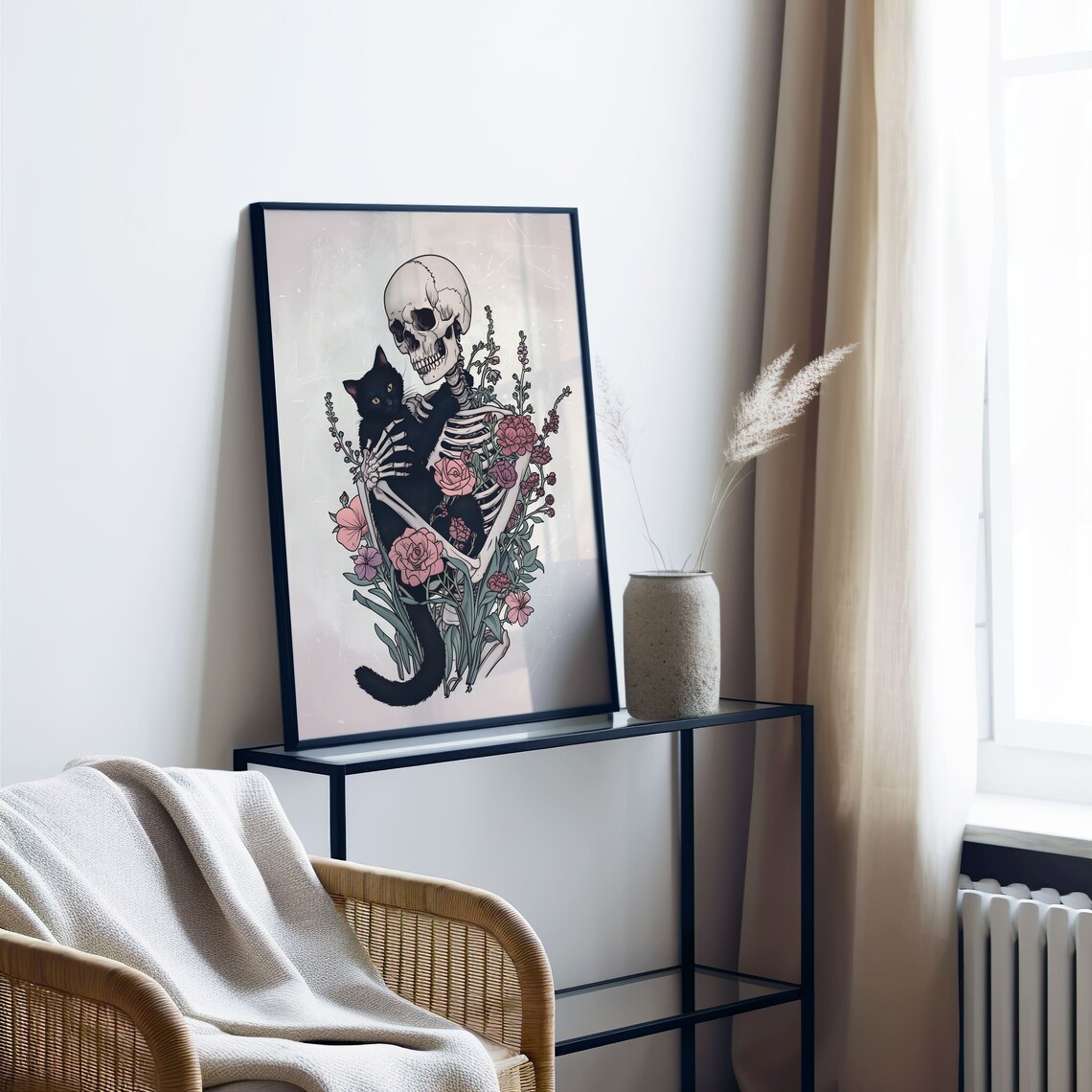 Gothic Skeleton With Cat, Dark Floral Art Print - Image 7