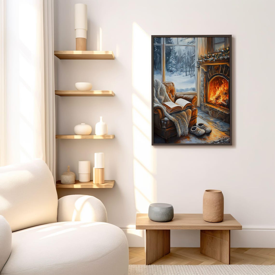 Cozy Reading Nook by Fireplace With Snowy Window View Poster - Image 3
