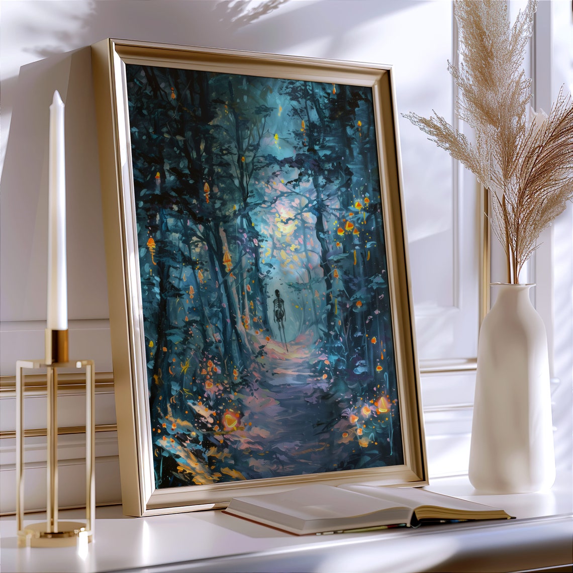 Skeleton in Glowing Blue Forest Night Halloween Painting Poster - Image 8