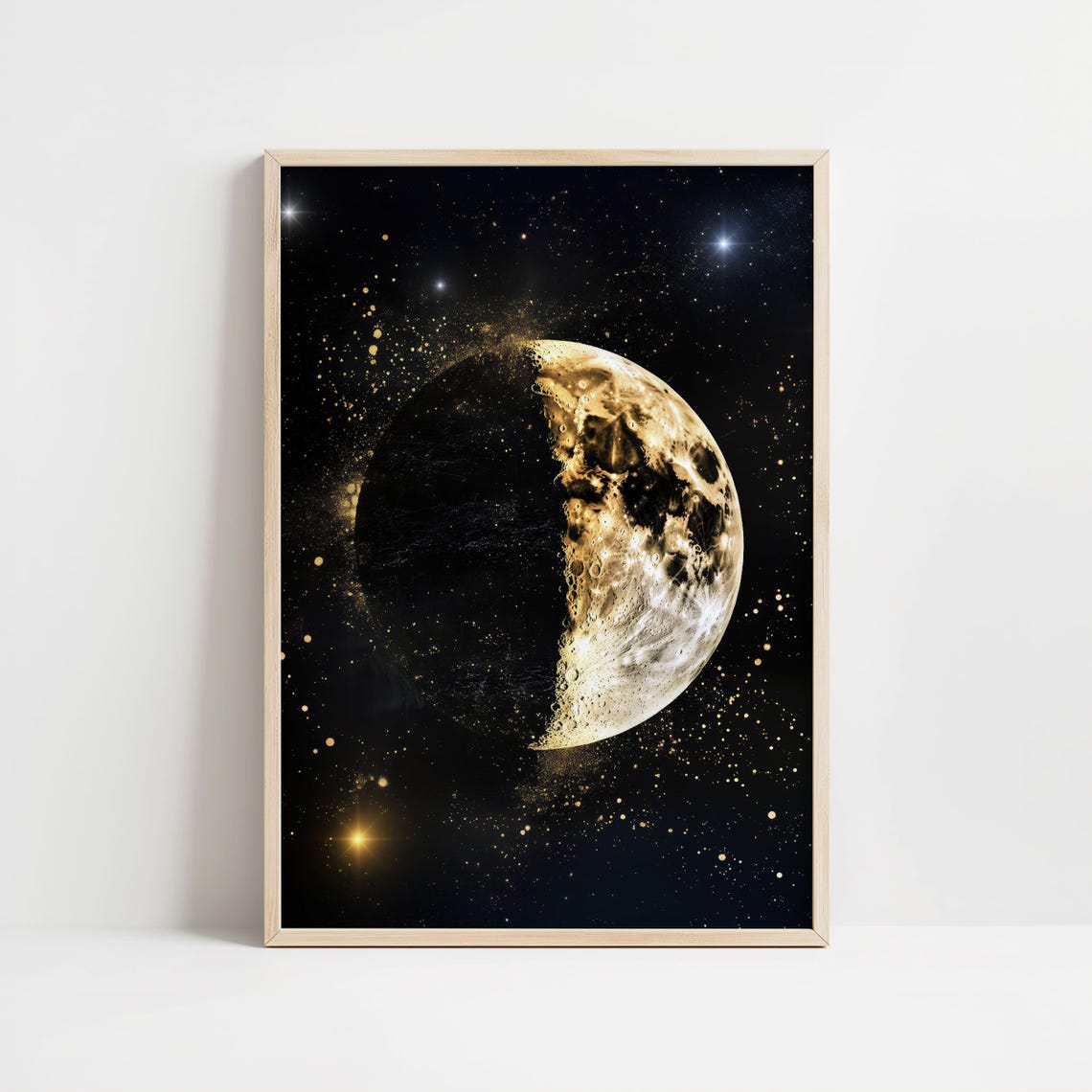 Golden Half Moon in Black Starry Sky with Celestial Gold Dust Poster - Image 8