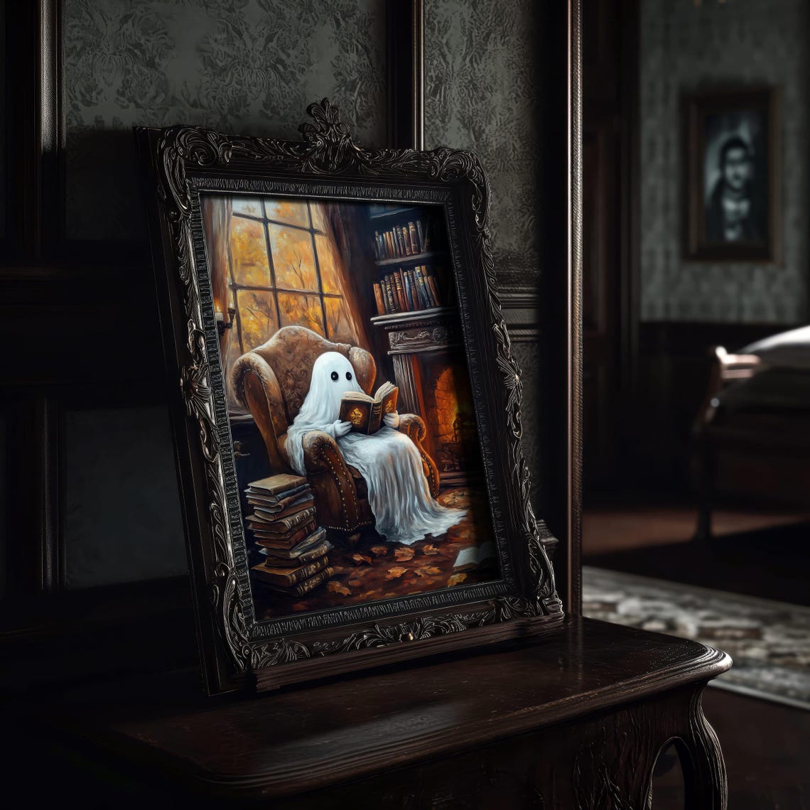 Cute Ghost Reading in Armchair by Fireplace Halloween Art Poster - Image 6