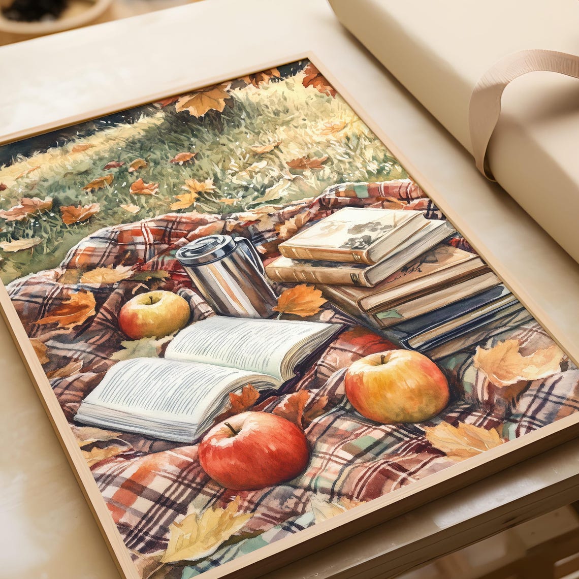 Autumn Picnic With Books Apples and Thermos Watercolor Poster - Image 6