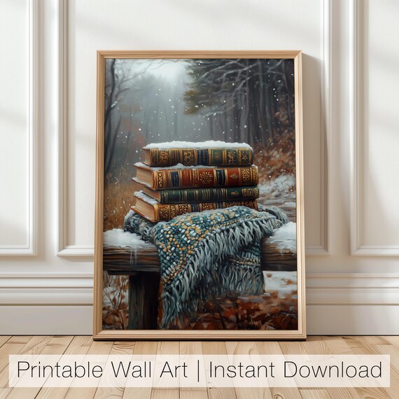 Stack of Vintage Books in Snow on Wooden Bench Winter Forest Poster