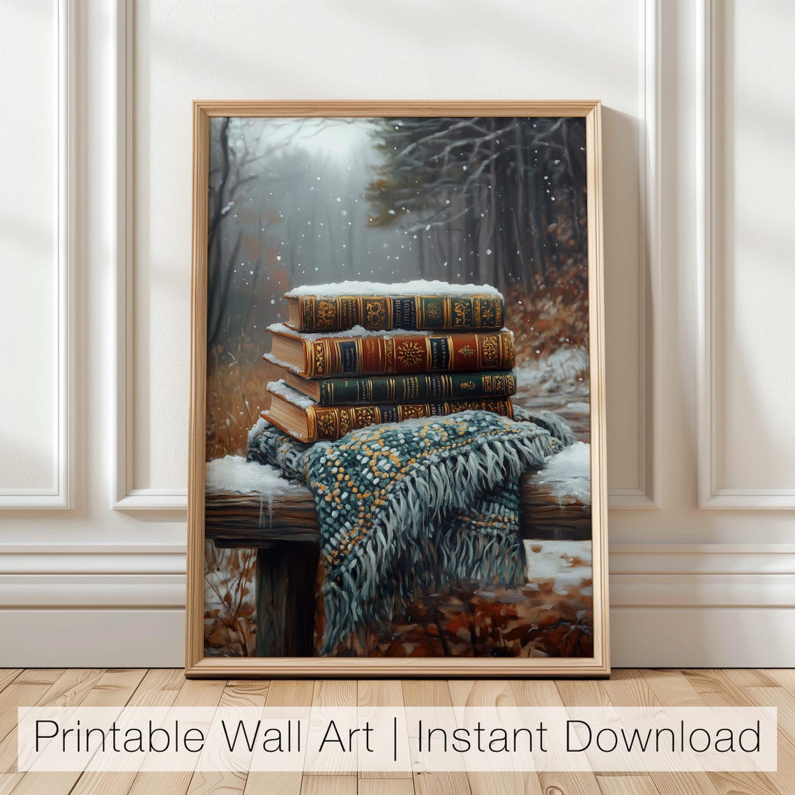 Stack of Vintage Books in Snow on Wooden Bench Winter Forest Poster