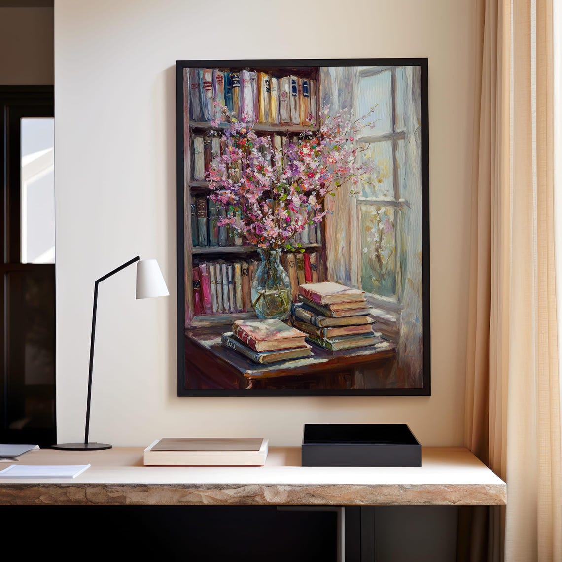 Vintage Bookshelf With Pink Blossoms By Sunlit Window Poster - Image 4