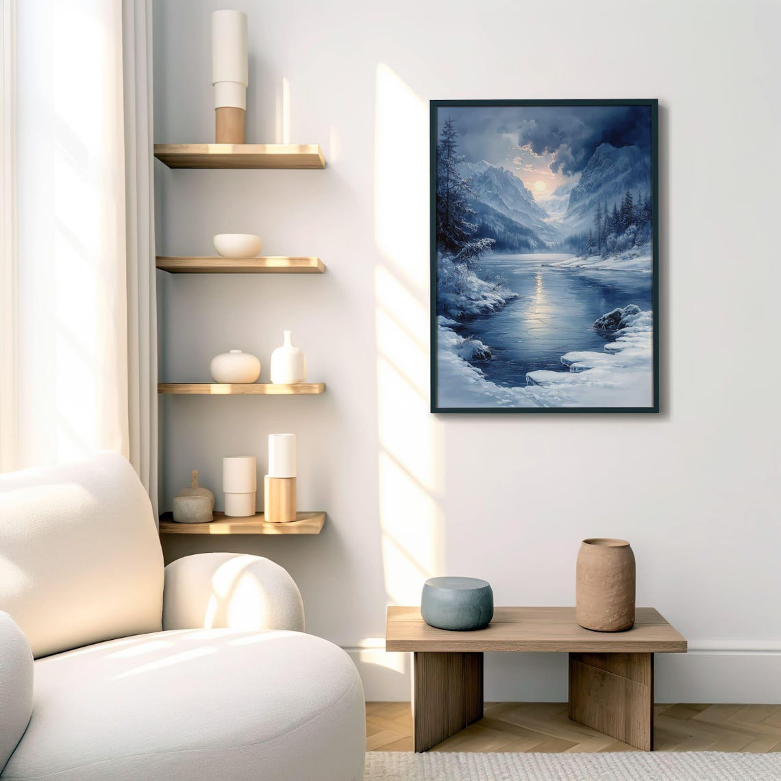 Winter Mountain Valley with Frozen Lake at Sunset in Blue Tones Poster - Image 5