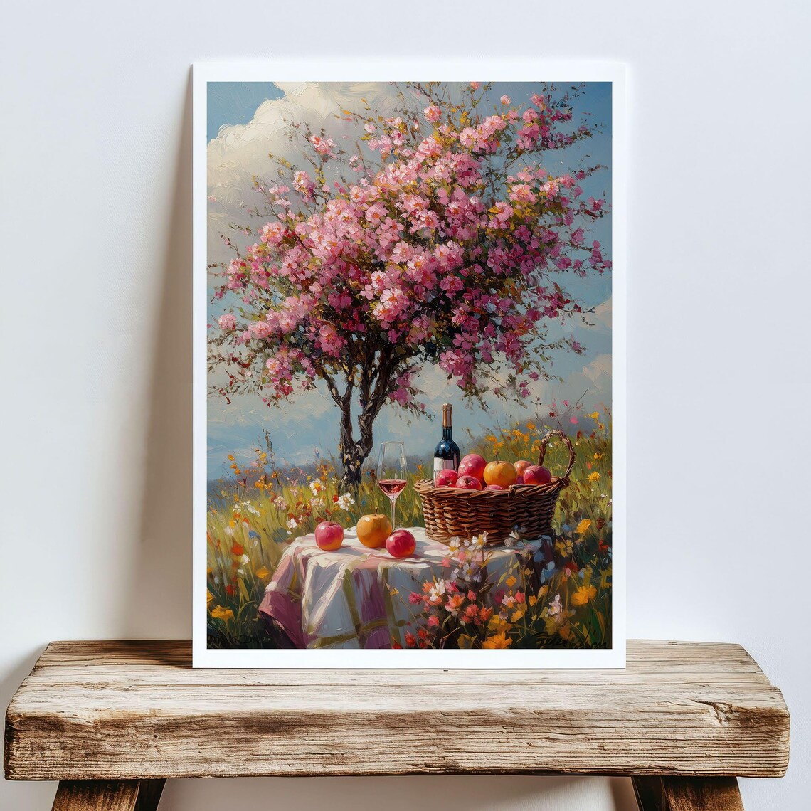 Spring Picnic Blooming Tree Wine Basket Apples Countryside Meadow Poster - Image 5