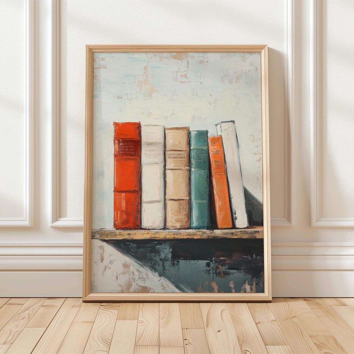 Minimalist Vintage Books On Wooden Shelf Oil Painting Poster