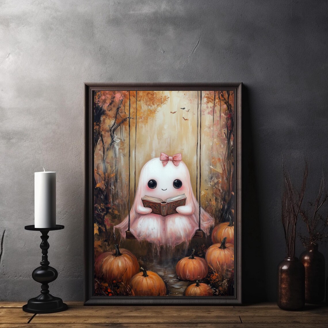 Pink Ghost Reading Art Print Cute Halloween Wall Decor Cozy Fall Book Lover Print Autumn Ghostly Art - Image 7