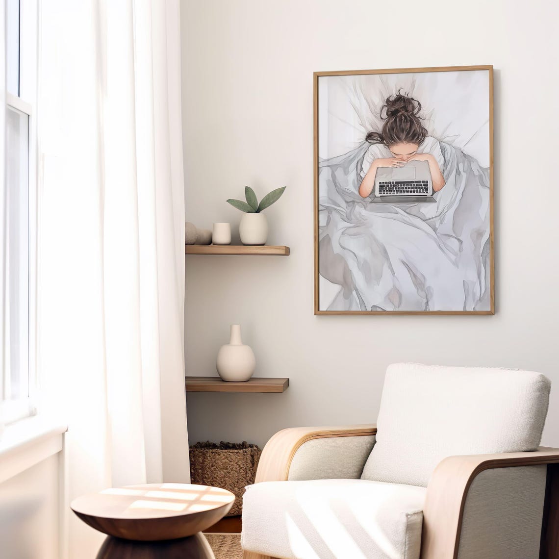 Cozy Woman in Bed With Laptop Minimalist Home Office Bedroom Poster - Image 5