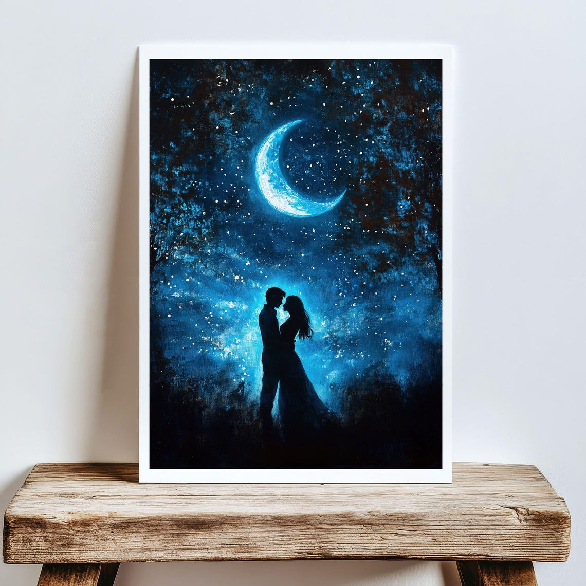 Romantic Couple Silhouette Under Crescent Moon Starry Poster - Image 5