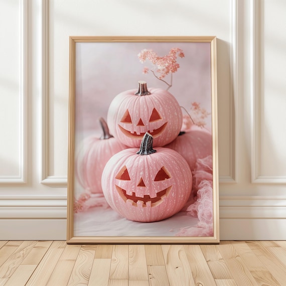Pink Jack O Lantern Pumpkins with Blush Flowers Pastel Halloween Poster